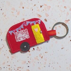 Red Handcrafted Retro Camper Key Tag Cute Adventure Awaits Quote| New #6